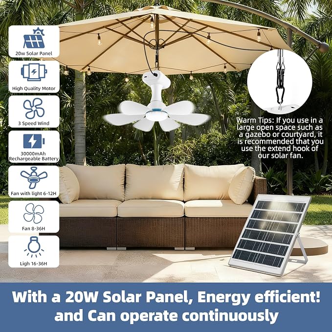 Solar Ceiling Fan Light with Remote, 30000mAh Portable solar lights outdoor with 20W Solar Powered Fan, 3 Speeds, solar fans with Light for Patios, Canopy, Shed, RV, Porch and Chicken Coop