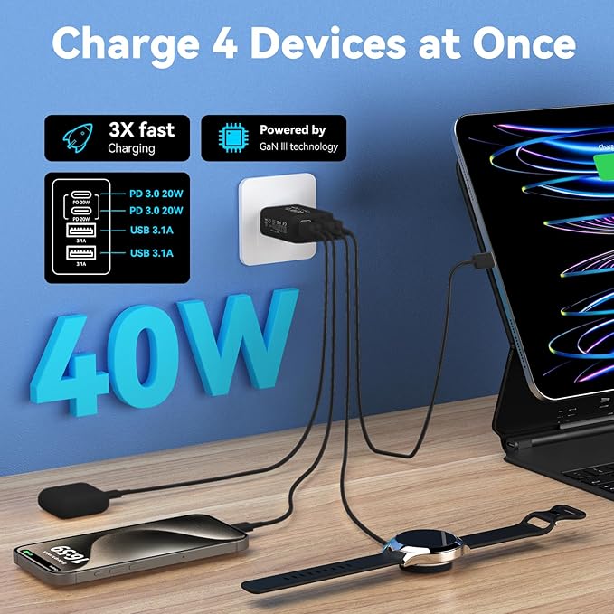 USB C Wall Charger Block, 2-Pack 40W 4-Port Fast Charging Block PD Power Adapter +QC 3.0 USB A Wall Plug Multiport Type C Box Cube for Phone 15/14/13/12/11 Pro Max, Galaxy, Pixel