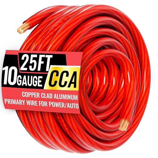 10 Gauge Wire 25FT Red Copper Clad Aluminum CCA Battery Cable, Primary Power/Ground Cable for Car Audio Speaker, RV Trailer, Amp, Inverter RV Truck, Marine, Solar Equipment, Translucent Jacket