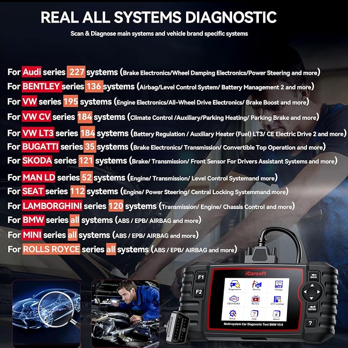 iCarsoft OBD2 Scanner Diagnostic Tool for BMW/VW/Audi, BMM V2.0 (Enhanced Ver) All System 9 Maintenance Resets Battery Registration/Battery Test Code Reader Auto VIN -16PIN OBDII Adapter