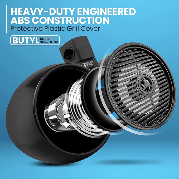 Pyle Dual Waterproof Off-Road Speakers - 8" 300W 2-Way Marine Wakeboard Tower Sound System w/LED Light, Full Range Outdoor Stereo Speaker for Car, ATV, UTV, Jeep, Boat, Includes Brackets (Black)