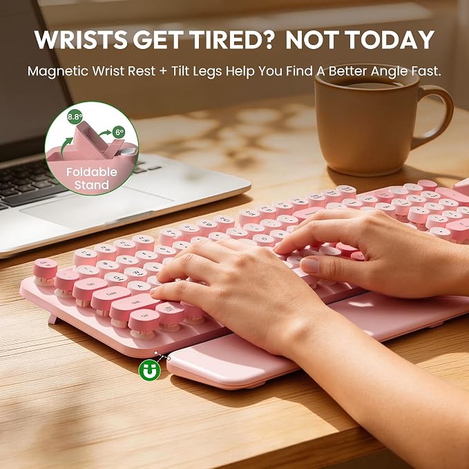 Wireless Keyboard and Mouse Combo, Typewriter Keyboard with Detachable Wrist Rest, Full-Size Retro Round Keycaps, Smart-Sleep, 2.4GHz Stable Connection for Mac/Windows/PC, Trueque(Rose Mist Pink)