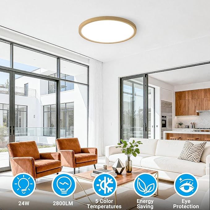 2 Pack LED Flush Mount Ceiling Light,12Inch 24W,3000K/3500K/4000K/5000K/6500K 5 Color Temperatures Ceiling Light Fixture for Kitchen Porch Hallway Bedroom Bathroom and Closet,Wood