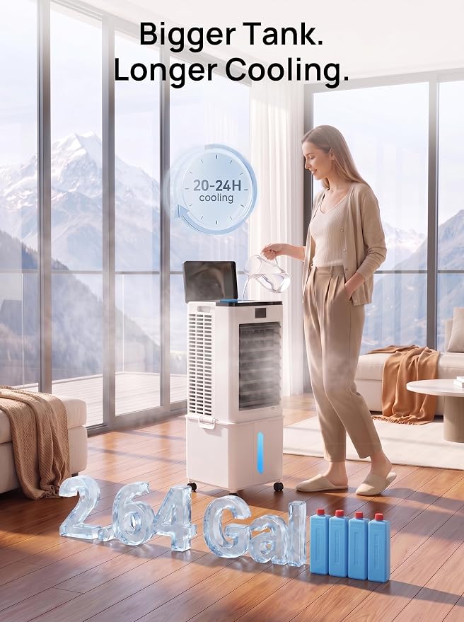Windowless Portable Air Conditioner, 3-IN-1 Portable AC Fan w/ 2.64Gal Tank for 20H Cooling, 4 Modes & 3 Speeds, 12H Timer for Auto-off, Remote, Swamp Cooler for Room, Bedroom