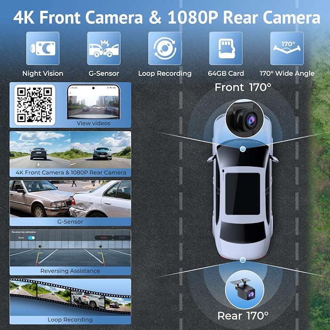 10.26" HD Wireless CarPlay Screen for Carplay & Android Auto Touch Screen,4K Dash Cam,1080P Backup Camera,Mirror Link,GPS,Bluetooth,64G TF,for All Vehicles