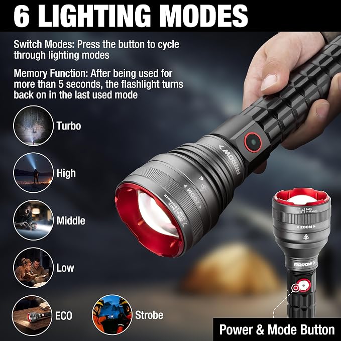 Arrow Rechargeable Flashlights 12000 Lumens, 6 Modes Bright LED Flashlight with Memory Function, IPX7 Waterproof, Zoomable Flash Light with Dual Power Design, USB-C Input Output for Outdoor Emergency