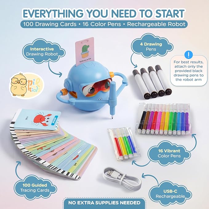 Drawing Robot for Kids, Automatic Educational Drawing Machine with Motorized Arm, 100 Drawing Cards & 16 Pens, Screen-Free STEM Learning Toy for 3 4 5 6 7 8 Year Old Boys & Girls, Rechargeable Gift