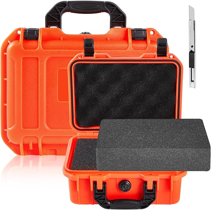 Relaxweex 1 Pcs Waterproof Hard Case with DIY Customizable Foam Insert Portable Protective Case with Knife for Camera Drones Equipments Tools Test Instruments(Reddish Orange,16.3 x 12.4 x 6.5 Inch)