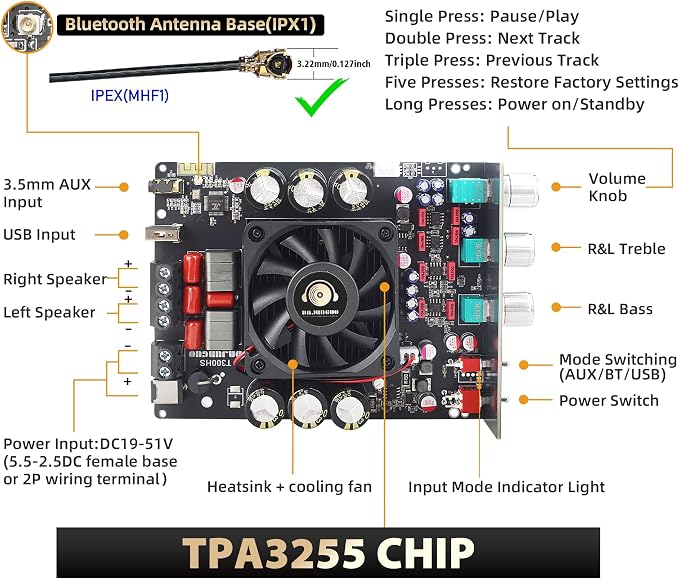 600W Audio Amplifier Board with Treble and Bass Control, TPA3255 Chips, DC 19-51V, Bluetooth 5.2 and AUX Inputs, 2.0 Channel Stereo AMP Board for DIY Wireless Speakers