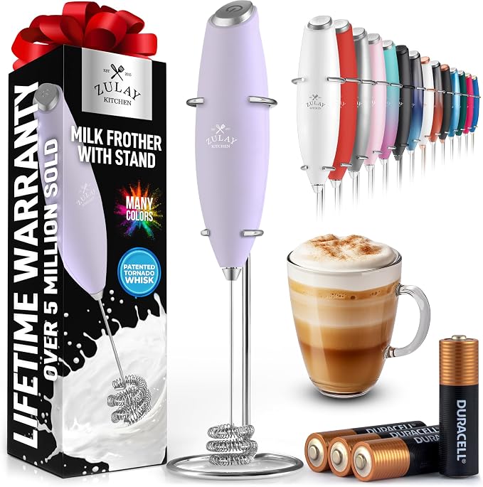 Zulay Kitchen Powerful Milk Frother Wand With Duracell Batteries - Ultra Fast Handheld Drink Mixer - Electric Whisk Foam Maker for Coffee, Lattes, Cappuccino & Matcha - Triple Whisk - Orchid Lilac
