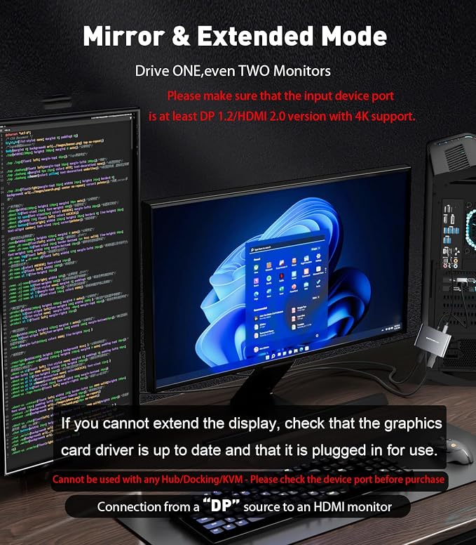 DisplayPort to Dual HDMI Adapter [4K@60Hz] DP to HDMI Splitter 1 in 2 Out Extended Display, DP Male Source Converter for Dual Monitors Compatible with PC,Graphic Card and More