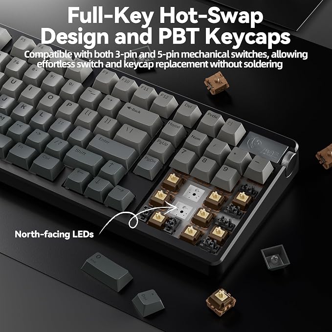 LEOBOG A98 Wireless Mechanical Keyboard, Tri-Mode BT5.0/2.4GHz/USB-C, Creamy Keyboard with Number Pad, Gasket Structure Hot Swappable, PBT Keycaps, RGB Backlit Black Gaming Keyboard with Knob for PC