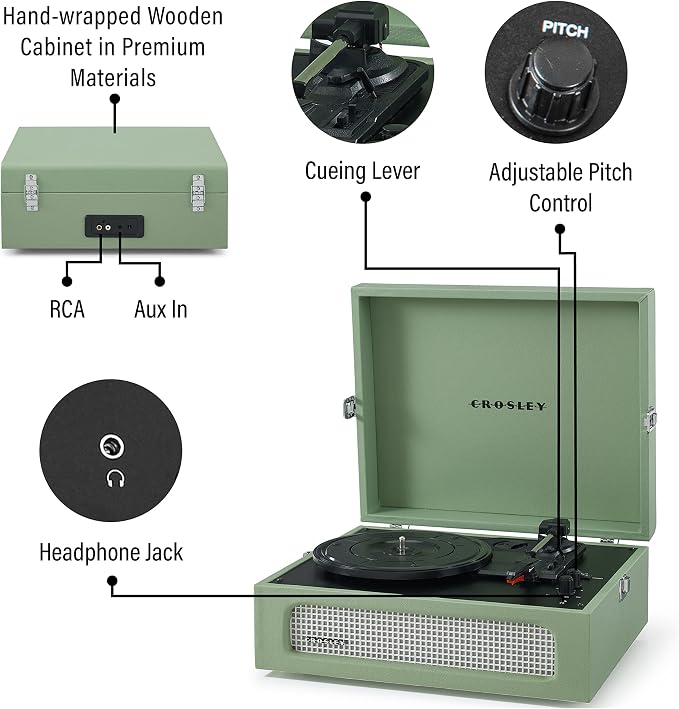 Crosley CR8017B-SA Voyager Vintage Portable Vinyl Record Player Turntable with Bluetooth in/Out and Built-in Speakers, Sage