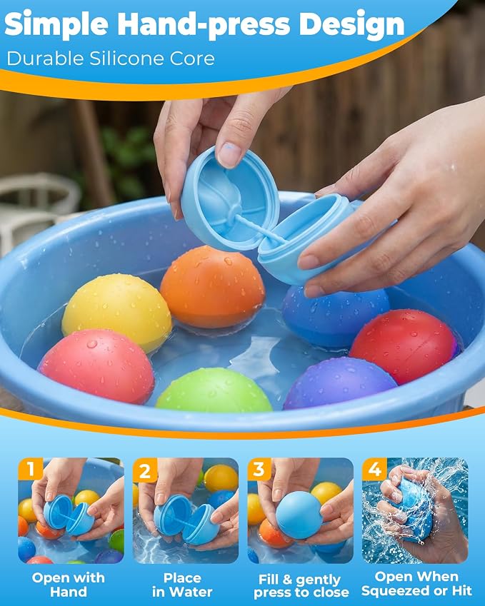20Pcs Reusable Water Balloons for Kids & Family Outdoor Play – Quick Fill, Soft Silicone, Easy to Collect, No Magnets, Perfect for Yard, Pool Beach Games, Summer Water Toys