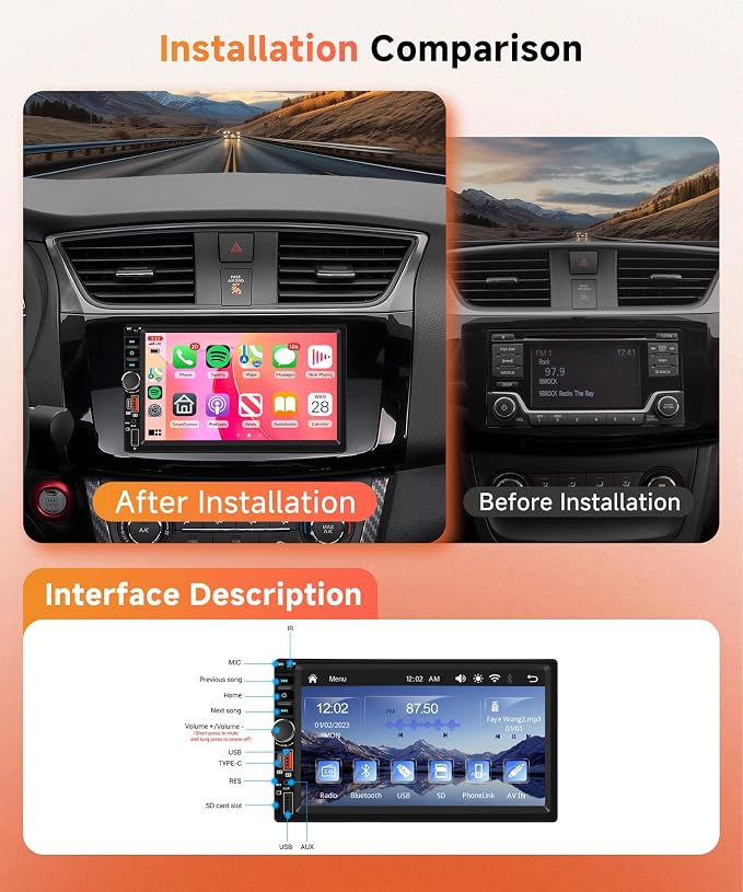 Rimoody Double Din Car Stereo, 7 Inch Touch Screen Wireless Carplay & Android Auto, Car Radio with Bluetooth/FM/EQ/SWC/MIC, Backup Camera Included, USB/AUX/TF/Type-C Car Audio Receiver
