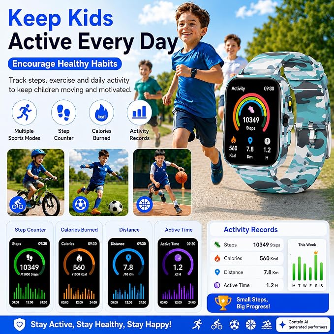 Smart Watch for Kids Boys Age 5-12, Ai Functions Games HD Touch Screen Watches with Video Camera Music Player Pedometer Heart Rate Sleep Tracker Christmas Birthday Gifts for Boys (Camouflage, 1.85")