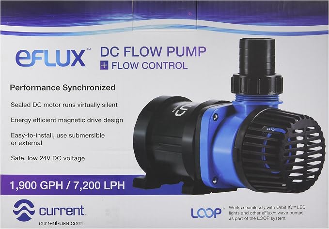 CURRENT USA eFlux DC Flow Pump with Control 1900 GPH | Loop Controllable Aquarium DC Return 380-1900 GPH | Quiet, Submersible or External | Fish Tank, Sump, Pond, Freshwater and Saltwater Marine Use