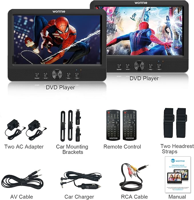 WONNIE 10.5" Two DVD Players Dual Screen for Car Portable CD Player, Play a Same or Two Different Movies with Two Mounting Brackets, 5-Hour Rechargeable Battery, Support USB/SD Card Reader