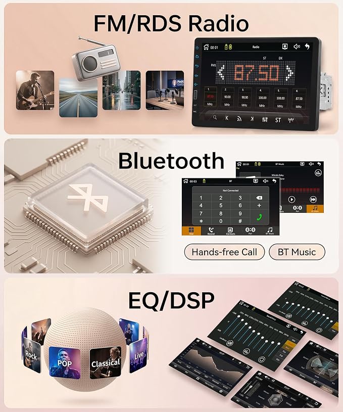 9 Inch Single Din Car Radio Stereo, Wireless CarPlay Android Auto, 1 Din Touchscreen Car Stereo, Bluetooth FM EQ USB SWC MIC, Support Mirror Link Backup Camera