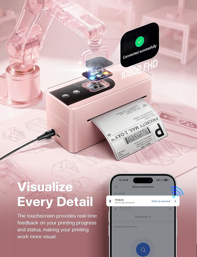 Phomemo 4x6 Shipping Label Printer with Touch Screen, Bluetooth Thermal Printer for Small Business, Auto Label Detection, 150mm/s High Speed, Compatible with Amazon, USPS, UPS, with 500 Pink Labels
