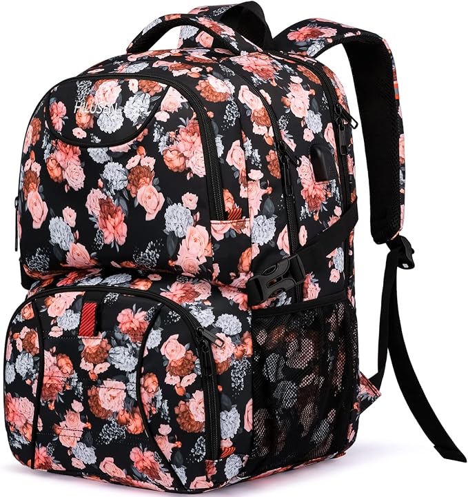 HILUSEN Lunch Backpack for Women, Insulated Cooler Lunch Box, Extra Large Work Backpack with USB Charging Port, Water Resistant 17 inch Travel Laptop Backpack