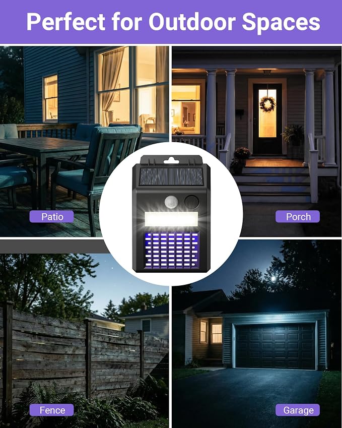 Solar Bug Zapper Outdoor - 2-in-1 Waterproof Cordless Mosquito Zapper with 3 Modes, Motion Sensor Light & UV Light, Rechargeable Mosquito Killer Lamp for Patio Yard Garden (Black)