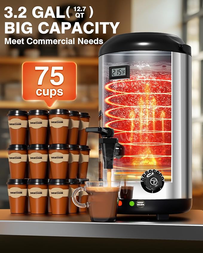 WantJoin Electric Heating Beverage Dispenser-75 Cup Hot&Cold water Urn for Catering-Stainless Steel Premium 12 L/3.2 Gallon Hot Drink Dispenser with Spigot for Coffee & Hot tea,Cold Milk,Juice(Silver)