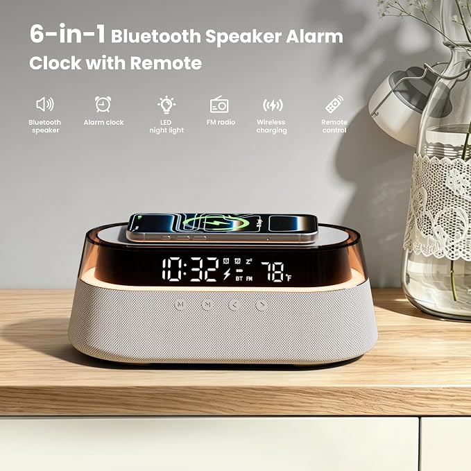 6-in-1 Bluetooth Speaker Alarm Clock with Remote, 15W Fast Wireless Charger, FM Radio & Dimmable LED Night Light, Dual Digital Clock for Bedroom Home Office, Ideal Gifts for Him, Men Women