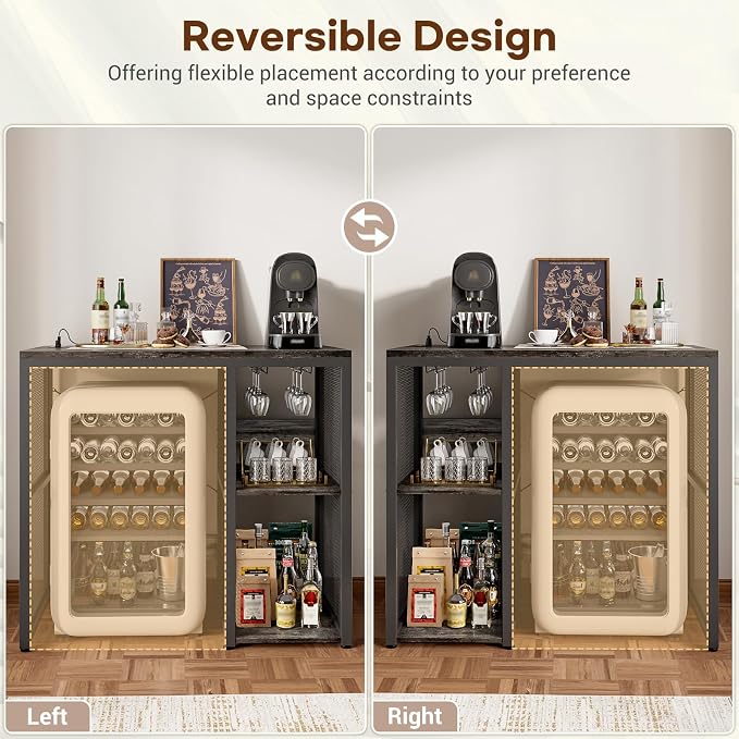 Homieasy Mini Fridge Cabinet with Power Outlet, Coffee Bar Cabinet with Mini Fridge Space, Industrial Liquor Cabinet with Wine Storage & Glass Holder for Dorm, Living Room, Home Kitchen, Grey