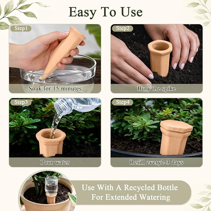 12 Pack Terracotta Watering Spikes with Lids Plant Watering Spikes Automatic Plant Waterer Devices Outdoor Indoor Vacation Friendly Slow Release Self Waterer Planter Insert(Small)
