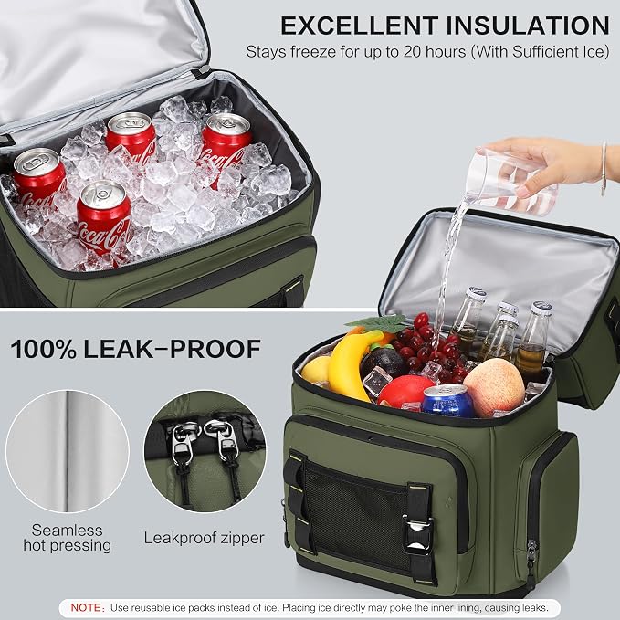 Large Waterproof Insulated Cooler Backpack for Men & Women, Double Decker Leak Proof Cooler Backpack for Beach, Camping, Picnic, Travel, 26L, 44Cans