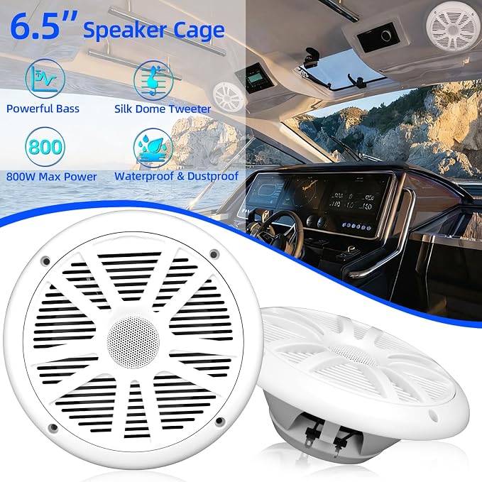 800W 6.5 Inch Marine Speakers - 2 Way Waterproof UV Weather Resistant Outdoor Stereo Sound System, High-Fidelity Audio, White for Boats, RVs, Cars, Golf Carts, Hot Tubs, Indoor/Outdoor DIY Use