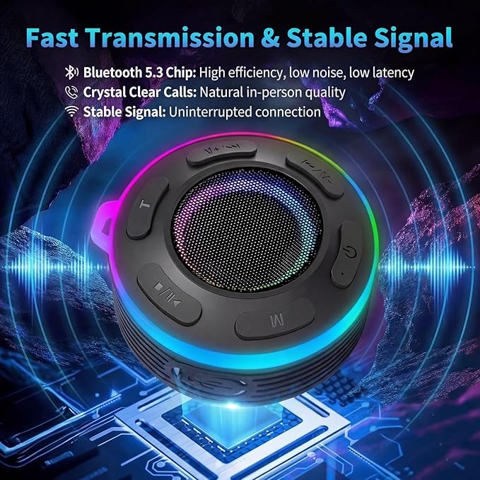 JK&EROSSTARS Portable Bluetooth Shower Speaker–Waterproof,Stereo,LED Light | Over 10H Playtime,Built-in Micro,Suction Cup&Hook,for Outdoor,Kitchen,Kayak,Beach,Camping,Gifts for Unisex
