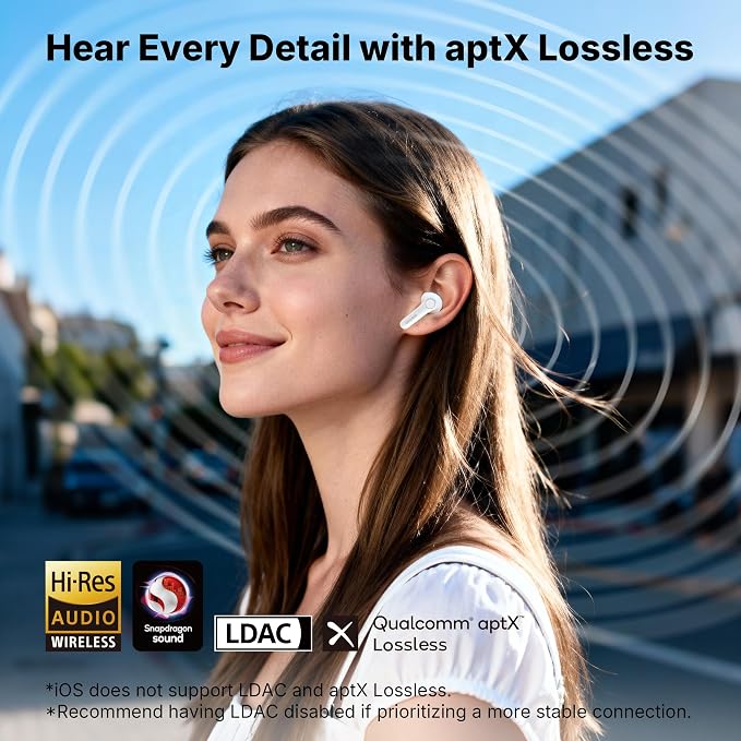 EarFun Air Pro 4+ Adaptive Noise Cancelling Wireless Earbuds, Qualcomm aptX Lossless, Dual Drivers, Translation Earbuds, Snapdragon Sound, 6 Mics AI Clear Call, Hi-Res Sound, Bluetooth 6.0, 54H, White