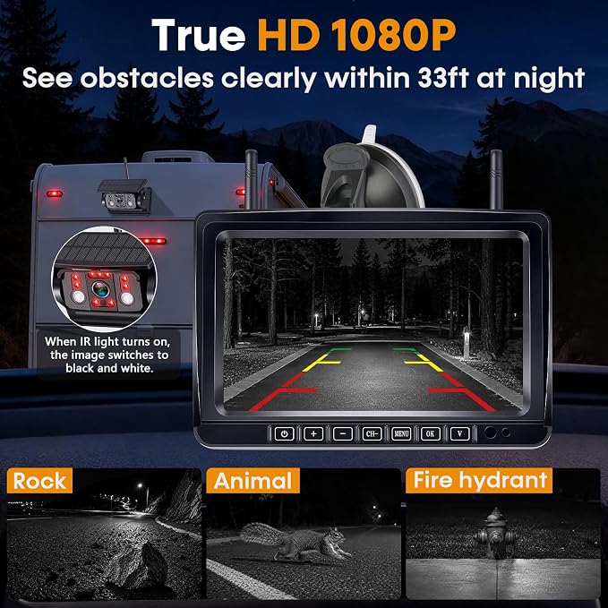 Magnetic RV Backup Camera Wireless with 7" Monitor: 1-Min No Wiring Esay Setup for Trailer Camper - 1080P HD See Every Obstacle Clearly for Campsite Reversing & Drive Monitoring