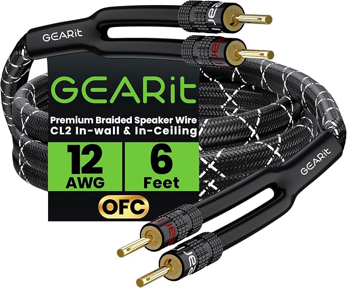 GEARit 12 Gauge Speaker Cable with Banana Plugs 6 ft,CL2 Rated OFC Speaker Wire with Gold-Plated Tips,Braided Speaker Wire for Audiophiles,Hi-Fi Systems,Home Theater,Amplifiers & Speakers(Black)