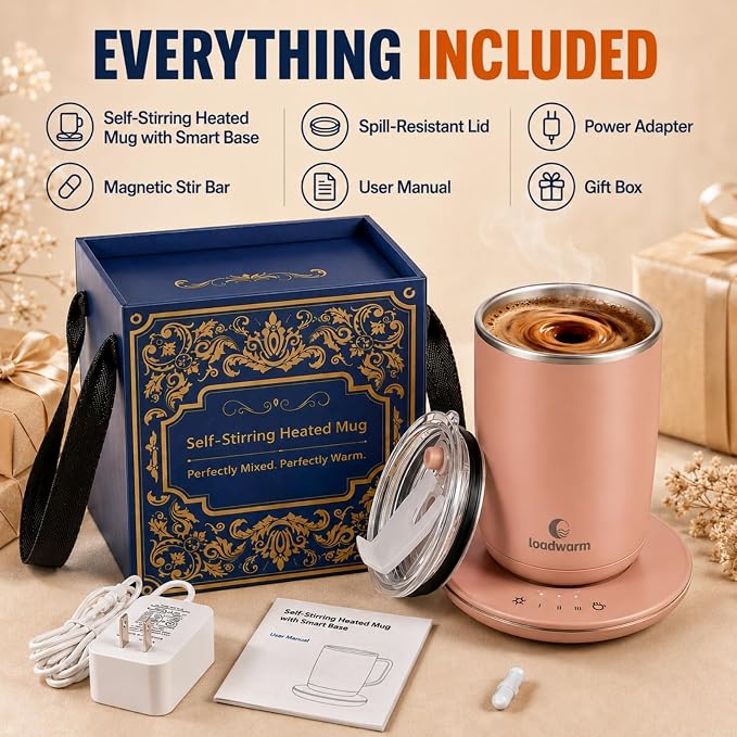 Self Heated Stirring Coffee Mug, 10oz Auto Mixing Cup with Warmer, Rose | 3 temp settings, food-grade stainless steel interior, 8-hour auto shut-off, plug-in desk mug with Warmer for office home