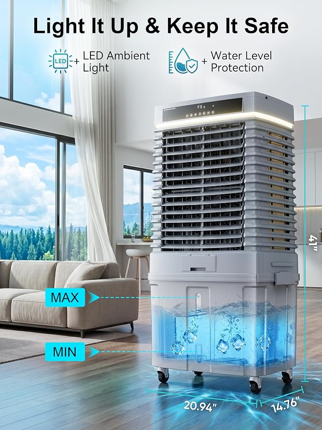 Uthfy 4000CFM Swamp Cooler for Large Room, 41” Evaporative Air Cooler with 13.5Gal Detachable Water Tank, 12H Timer, Ambient Light, 120° Oscillation, Indoor & Outdoor Air Conditioner for Patio, Garage