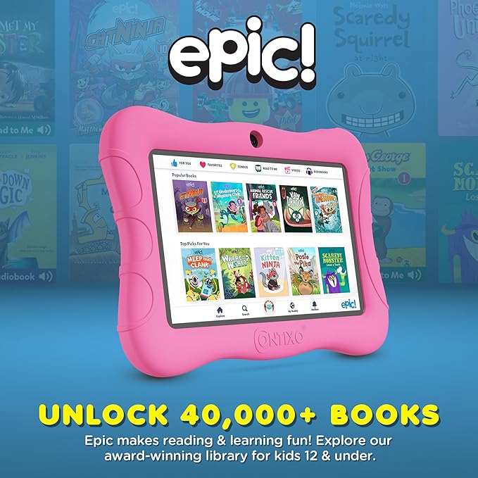 Contixo 7 inch Kids Tablet Bundle - Android Tablets and Kids Wired Headphones, with 14+ Games and Educational Apps, WiFi, 32GB ROM, Learning Tablet for Kids - Pink
