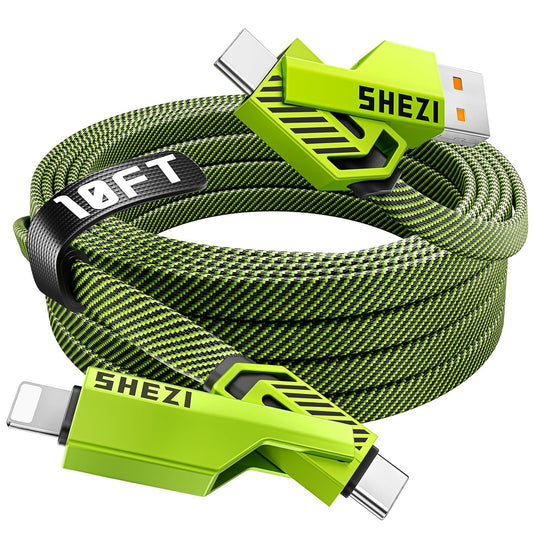 SHEZI [Upgraded 2.0] 4-in-1 USB C Cable 60W 10FT Fast Charging [480Mbps Data Sync] Flat Nylon Braided Charger Cord Combo, USB A/C to C/L Multi Charge Cable for iPhone/iPad & Most Devices, Green