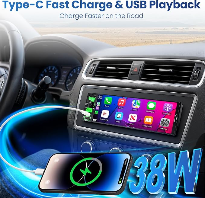 Single Din Car Stereo with Wireless Apple CarPlay & Android Auto, 6.5 Inch InCell Touchscreen Car Radio, Car Stereo with Bluetooth 6.0, 1080P Backup Camera, Mirror Link, AM&FM, Fast Charging, EQ, SWC