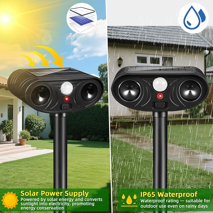 2026 Upgraded Solar Ultrasonic Animal Repellent, 4 Pack IP65 Waterproof Sonic Deer Deterrent, Motion Activated Outdoor Repeller to Keep Cats, Squirrels, Raccoons, Skunks & Dogs Away from Garden, Yard