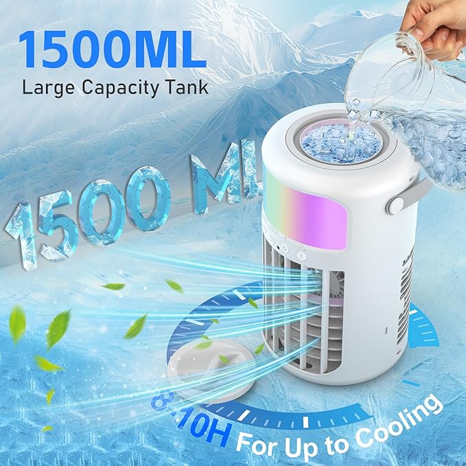 Portable Air Conditioner, 2026 Upgraded 4-IN-1 Portable Ice Fan with 3 Cooling Speeds & 1500ml Water Tank, 2 Cool Mist Ultra-Quiet Desktop AC Fan with Remote & 2-8H Timer for Bedroom, Office, Home