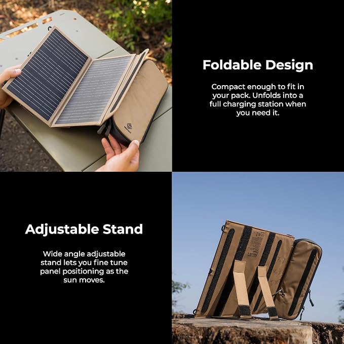 NESTOUT Portable Solar Panel, USB-C and USB-A Ports, 14W Solar Charger for Camping, Water Repellent Ripstop Nylon, Foldable Compact Design, Digital Ammeter, Adjustable Stand, Beige (2 Panel)