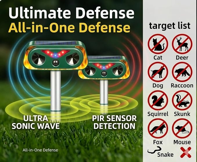 2026 New Sonic Fortress Pro Deer Repellent Devices,2Pcs Solar Ultrasonic Animal Repeller Outdoor Waterproof Motion Sensor Deterrent Yard Garden Repellent for Animals Cat,Squirrel,Racoon,Rabbit,Skunk