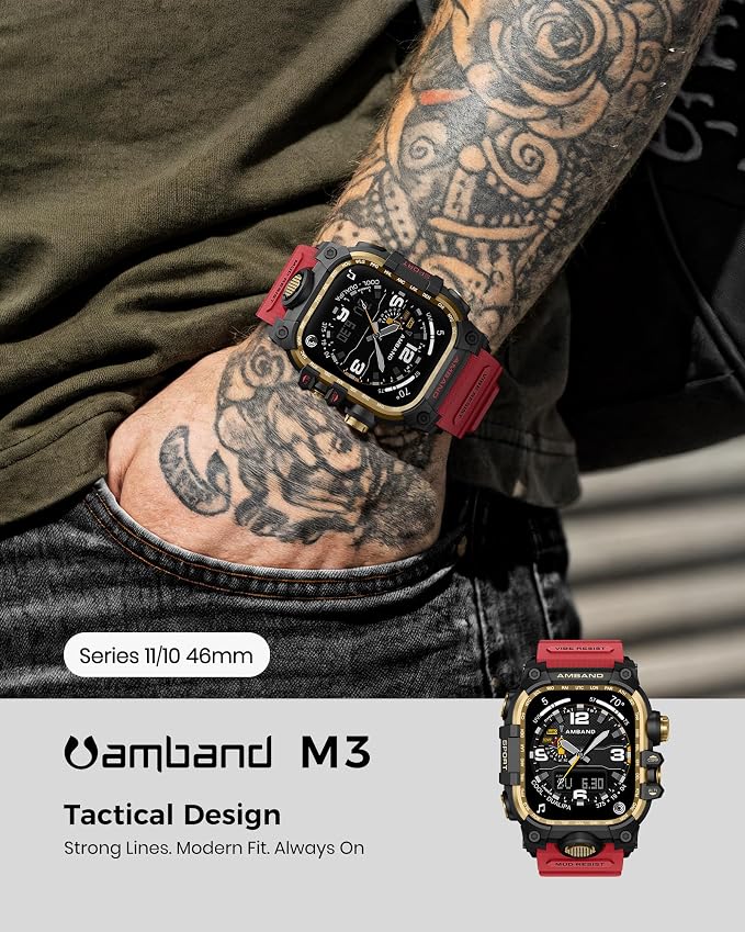 amBand Rugged Case with Band for Apple Watch 46mm, Compatible with Apple Watch (iWatch) Series 10 11, Military Grade Shockproof Bumper Cover, Tactical Band for Men, Red
