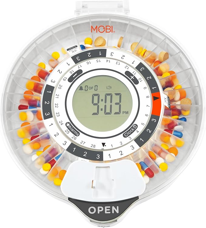 MOBI Smart WiFi Automatic Pill Dispenser with Alarm & Lock – 28 Day Smart Medication Organizer for Elderly & Caregivers – WiFi App Control, Sound & Light Alerts, UV Lid, for Perscriptions & Vitamins