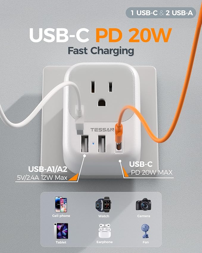 TESSAN Type M Adapter for South Africa Plug, South Africa Power Adapter 4 AC Outlets 3 USB Ports(1 USB C PD 20W), Travel Adaptor US to Botswana Namibia Nepal Bhutan, 2 Pack
