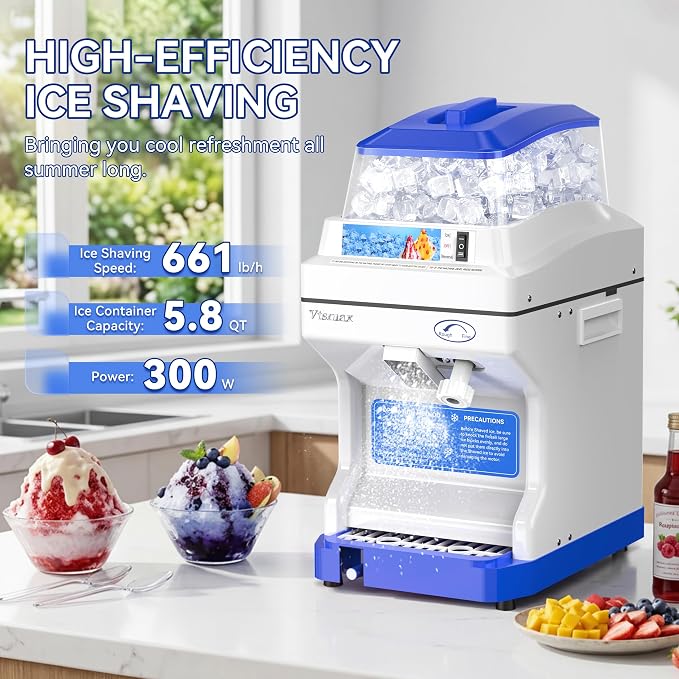 Electric Ice Crusher Shaver, 300W Snow Cone Maker Machine 441LBs/hr Thickness Adjustable for Bar Parties Events Snack(5.8Qt)