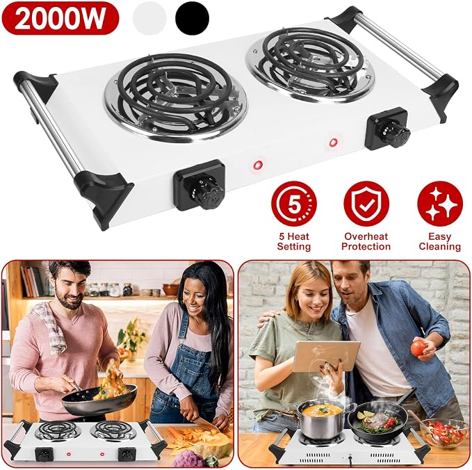 Moclever Hot Plate Electric Stove, 2000W Portable Cooking Stove w/Cooling Handle, 5 Levels of Adjustable Temperature, Countertop Burners Dual Coil Burner for Home RV Camping, Fits All Cookware